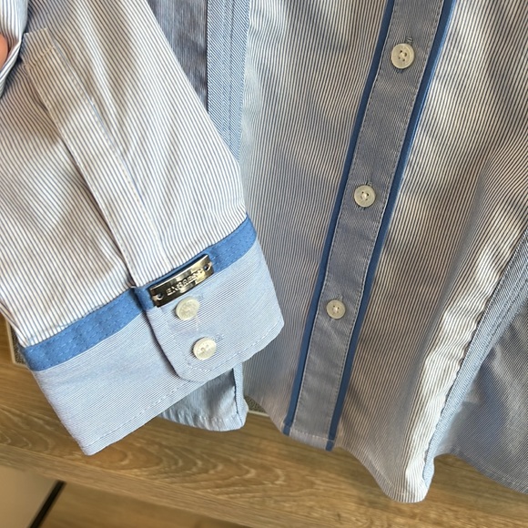 Express The Essential Button Up Collar Stripe Blouse Shirt, M - Picture 6 of 9